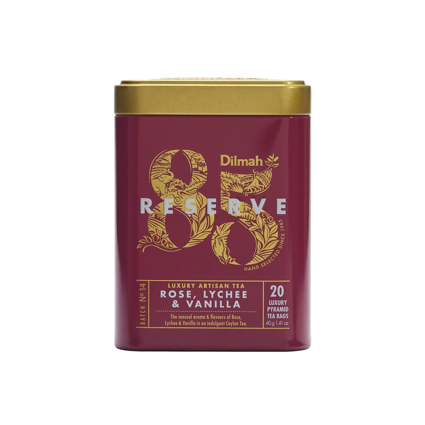 Dilmah 85 Reserve Rose Lychee & Vanilla Tea Tin Caddy - 20 Luxury Leaf Tea Bags